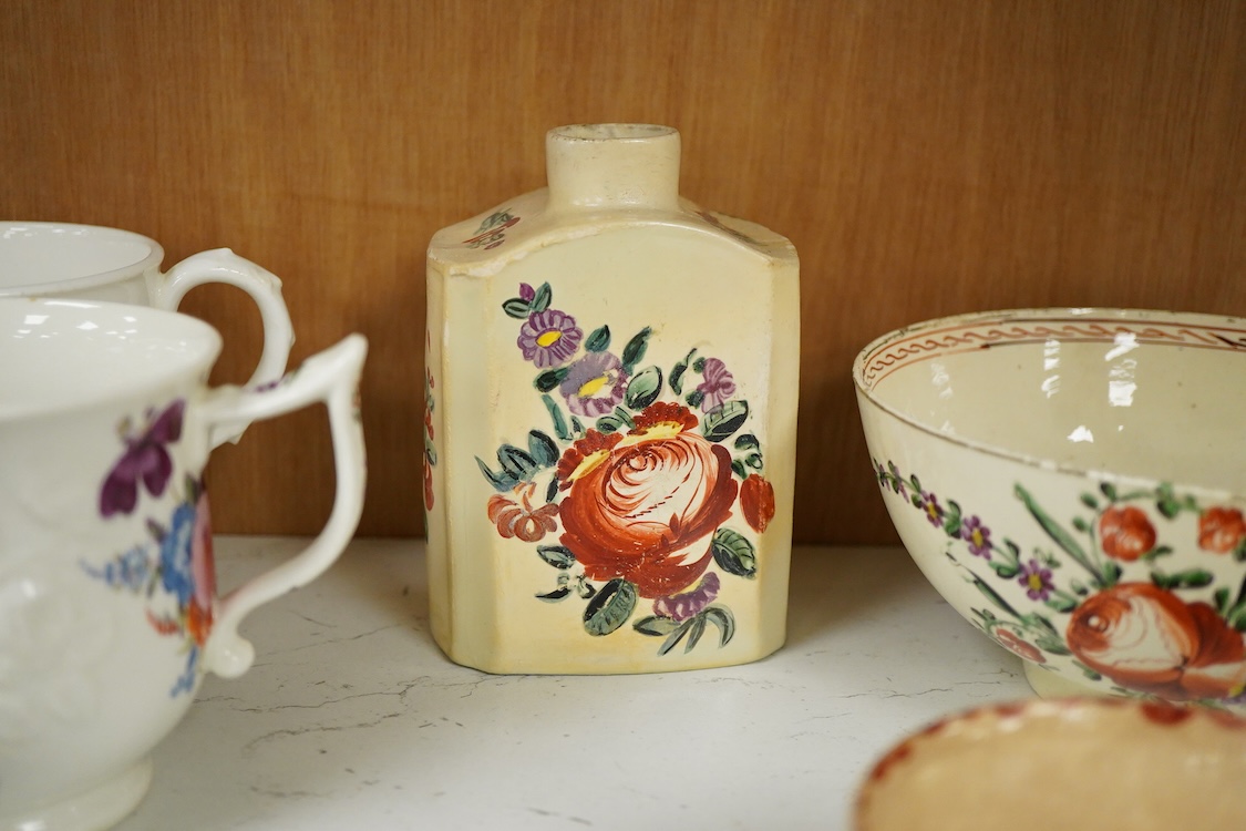 A group of late 18th century cream ware including a tea caddy a slops bowl, a tea bowl and saucer etc. and various 19th-century porcelain and pottery, blue and white tea caddy, 12cm high.